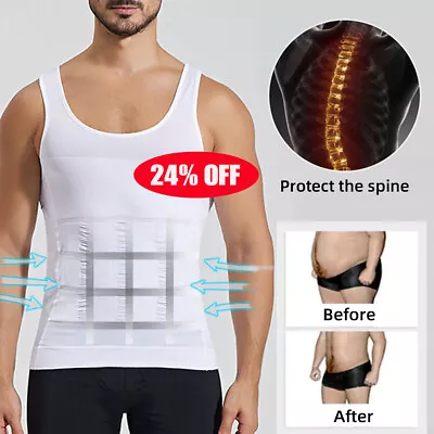 Men Slimming Body Shaper Belly Tummy Control Compression Vest Underwear T-Shirt • £6.27