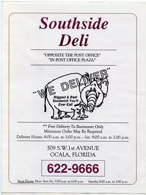 Southside Deli Menu S W 1st Avenue Ocala Florida 1992 • $18