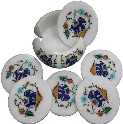 4.5 Inches Elephant Pattern Inlay Work Tea Coaster Set Round Marble Glass Mat • $187.50