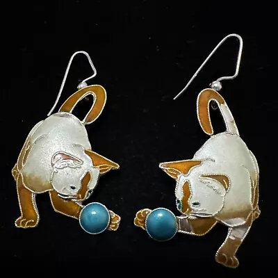 Zarah Vintage Sterling Silver Enameled Cat Playing With A Ball Hook Earrings  • $79.99