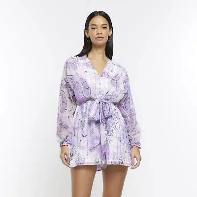 River Island Womens Playsuit Purple Paisley Tie Waist Long Sleeve V-Neck Outfit • £10