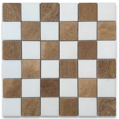 T258XP Thassos White Yellow Woodgrain Marble Checkerboard Square Mosaic Tile • $63.99