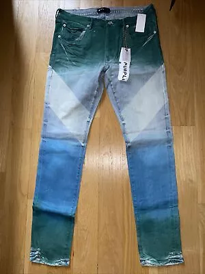 NWT 36 Purple Brand Men’s $385 Waxed Spray Paint P001 Green Blue Slim Fit Taper • $99.99