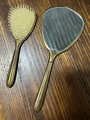 Antique Vintage Metal Floral Design Gold Vanity Mirror And Hair Brush Set Hand • $15.99