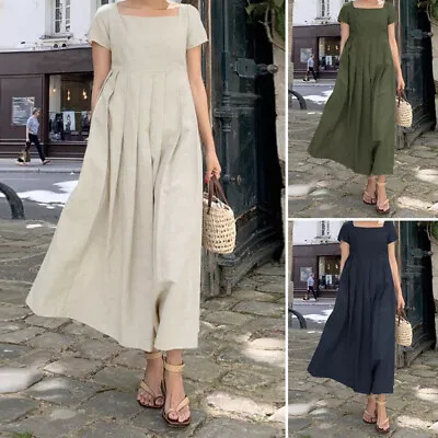 Summer Women Cotton Plain Maxi Dress Baggy Short Sleeve Sundress Plus Size Gown • $61.40