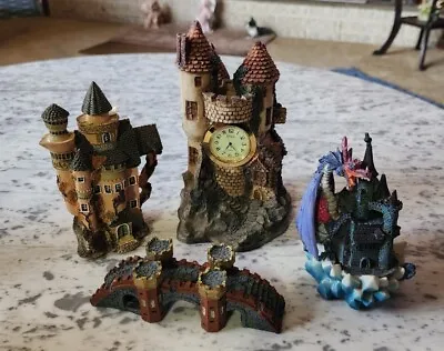 Vintage 4 Piece Castle Lot Resin Cottage Teapot Clock Tea Pot Dragon Turret Mini • $14.99