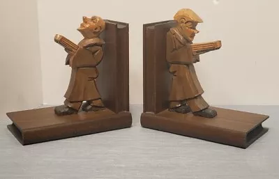 Vintage Hand Carved Wooden Bookends Folk  Art Men Monks ? Reading Books • $35