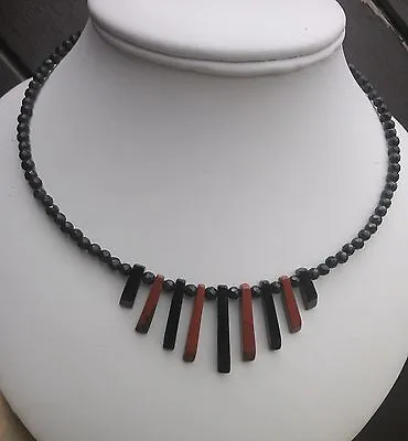 Art Deco Aztec Necklace Memory Wire Red Jasper Black Agate Bar's Choker Collar • £15