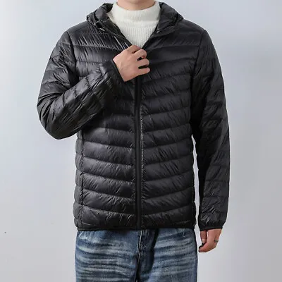 Lightweight Simple Stand Collar Qulited Duck Down Jacket Mens Hooded Puffer Coat • $36.70