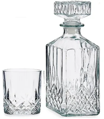 Cut Glass Square Glass Decanter Whisky Decanter Wine Decanter Set & 4 Tumblers • £19.99