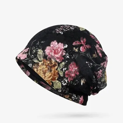 Boho Lace Flower Print Elegant Beanie Elastic Lightweight Cap Women Sleep Hat • $15.98