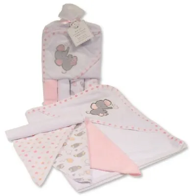 Baby Elephant & Stars  ~ Hooded Towel & 4 Wash Cloths Set ~  Pink ~  Shower Gift • £11.35