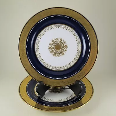 G7324 By MINTON Gold Encrusted & Jeweled Border Cobalt Pair Of Cabinet Plates • £182.19