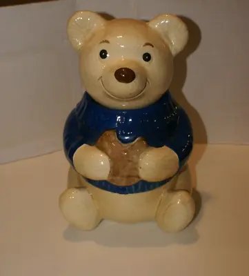 Vintage Metlox Pottery USA Teddy Bear Blue Sweater  Cookie Jar CHOC  12 H X 9  W • $30