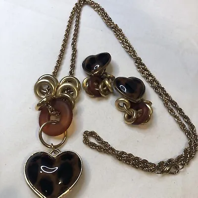 Vintage Faux Tortoise Shell Heart Goldtone Necklace & Clip On Earrings Set 30  • $10.25