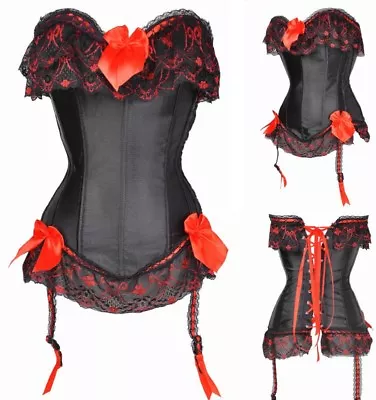 CORSET W/ GARTERS BLACK THONG 3X 36  + RED BOWS LACE LONGLINE SHAPER BUSTIER NEW • £28.93