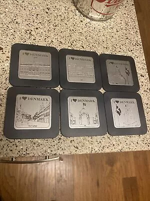 Set Of 6 “I Love Denmark” Silver Copenhagen Souvenir Square Drink Coasters-EUC • $30