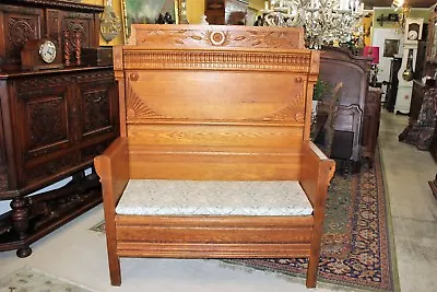 American Antique Oak Wooden Cushioned Entryway Bedroom Bench With Storage C.1880 • $1440