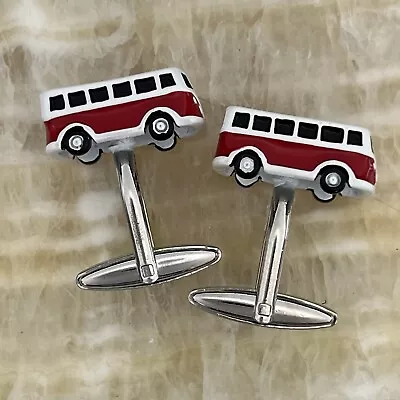 £39.55 • Buy Vintage Cufflinks Silver Tone Red White Tour VW Bus Camper Mid-Century Hipster