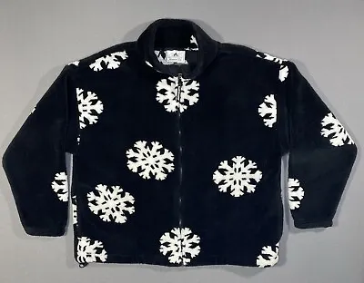VTG Black Mountain Deep Pile Fleece Jacket Sz Lg Snowflake AOP Black/White • $25