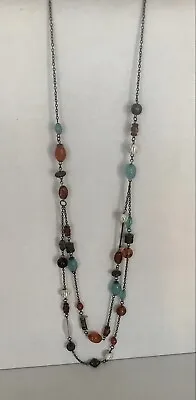 Colourful Beaded Necklace Long Double Layer Acrylic And Metal Beads 43cm Length • £6