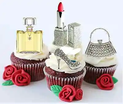 BLING Lipstick MakeUp Shoe Handbag 20 FLAT RICE CARD STAND UP FAIRY CAKE TOPPERS • £6.87