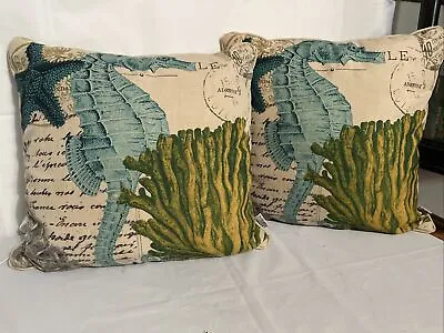 (2) Thro By Marlo Lorenz Aquatic Nautical Seahorse Pillows Letters Mail Tan Blue • $49.99