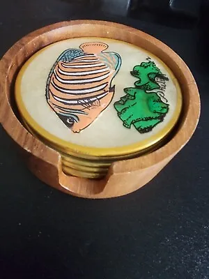 Vintage 70's Philippines Decor Painted Fish Abalone Shell Coasters Wooden Base • $15