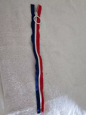 Vintage Red White & Blue 15 3/4 Inch Zipper White Metal Pull Ring Sewing Crafts • $8.99