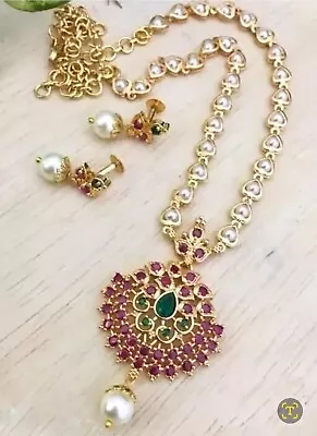 Indian Pakistani Asian Bollywood Gold Pearl Ruby Emerald Necklace Set  Jewellery • £34.99