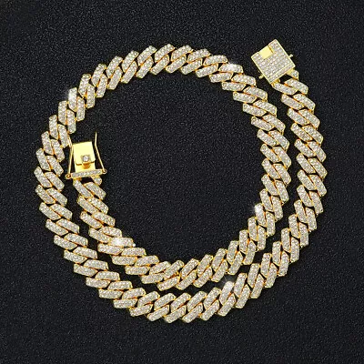 12MM 14k Gold Plated Iced CZ Out Miami Cuban Link Bracelet Chain For Men • $13.79