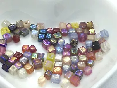 10g Iridescent Cube Glass Indian Lampwork Lustre Beads Mixed Colours 4mm • £3.10