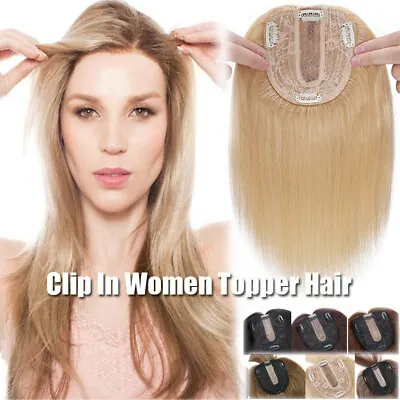 Women Remy Human Hair Topper Toupee Hairpiece Clip In Silk Base Top Piece Wig US • $55.87