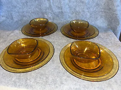 Vintage Vereco France 9” Amber Glass Lunch Plates Saucers & Bowls Lot Of 4 • $39.99