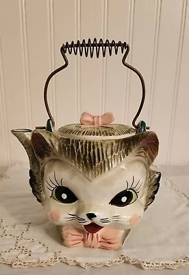 Miss Kitty Cat Teapot Vintage Pacific Japan 1950s Pink Bows Metal Handle - Rare • £86.61