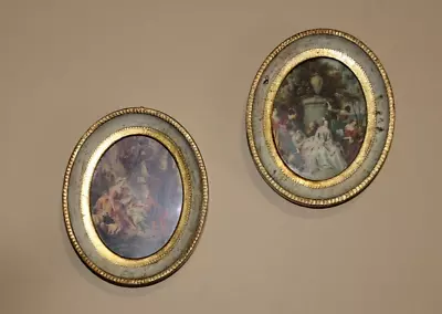 Pair (2) Lot Vintage Made In Italy Pictures Small Wood Oval Frames Art Prints  • $19.99