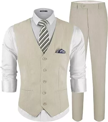 MAGE MALE Men's Linen 2 Piece Suit Slim Fit Vest/Pants/Pocket Square Sz L Beige • $19.99