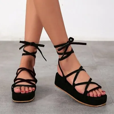 Women's Platform Hollow Out Gladiator Lace Up Strappy Roman Sandals Beach Shoes • $19.65