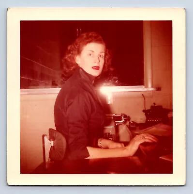 Vintage Photograph Surprised Secretary Woman W/ Red Lipstick Typewriter Office • $5.99