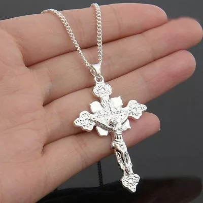 Large 925 Sterling Silver 22  Necklace Pendant JESUS CROSS CRUCIFIX Men Women  • $16.88