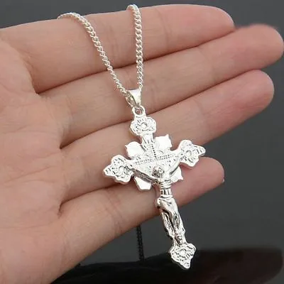 Large 925 Sterling Silver 24  Necklace Pendant JESUS CROSS CRUCIFIX Men Women • $19.86