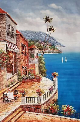 Mediterranean Cafe - #B07-3C169 72x48100% Hand Painted Oil Painting On Canvas • $179.99