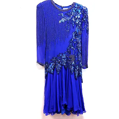 Vintage Alyce Designs 1980's Glam Blue Sequined Beaded Dress 100% Silk L/S • $49.75