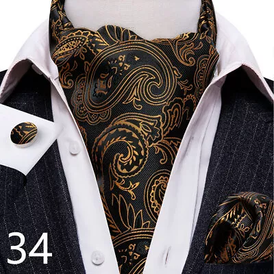 Mens Ascot Cravat Ties Scarf Silk Paisley Floral Hanky Cufflink Set Wedding Xmas • £7.99