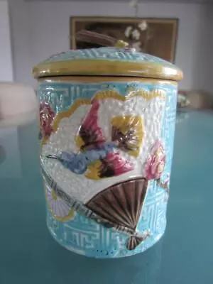 Antq Majolica Canister Box Tea Caddy WLid 4½  Fan Bird Cherry Blossoms Turquoise • $49.99