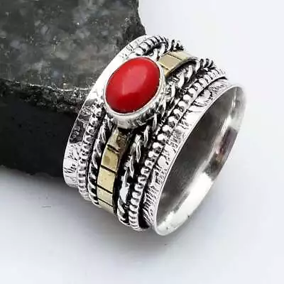 Coral Two Tone Spinner Gemstone Gift Band Ring Jewelry US Size-9 AR 17068 • $3.99