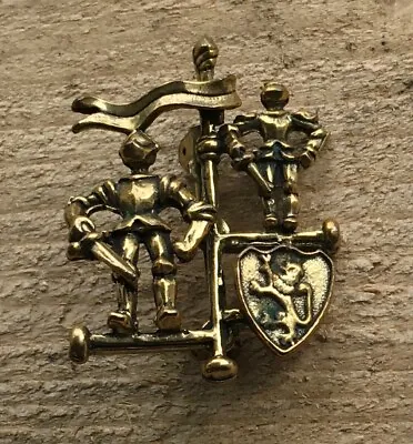 Brass Toned MEDIEVAL KNIGHTS PIN Banner Shield Crest Brooch 1.625  Tall By 1.25” • $15