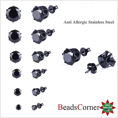 Surgical 316L Stainless Steel Stud Earrings Cubic Zircon Black Men Women 2PC • $6.49