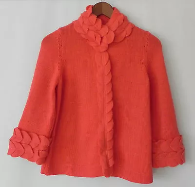 Moth Semi-Crop Cardigan Coral 100% Wool 3/4 Sleeve Panel Trim S(fits US XS) • $33.99