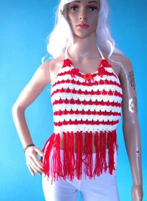 £10.99 • Buy BNWT Red & White Crochet Tassel Halter Tie Back Top With Flower Neckline S/8/10